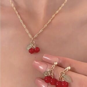 3-Piece Cherry Pendant Necklace and Earring Set - Adorable NWT